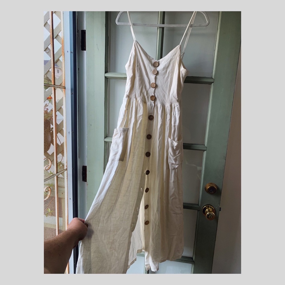 Cream White Sundress with Front Wooden Buttons, Size L